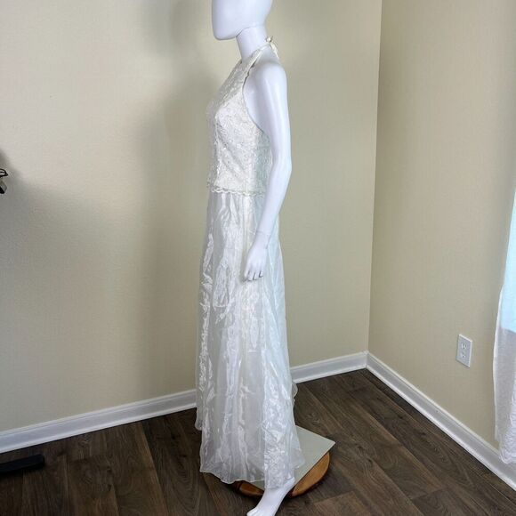 Vintage Jessica Mcclintock Bridal Women's Size 6 Ivory Floral Halter Maxi Dress - Picture 11 of 15